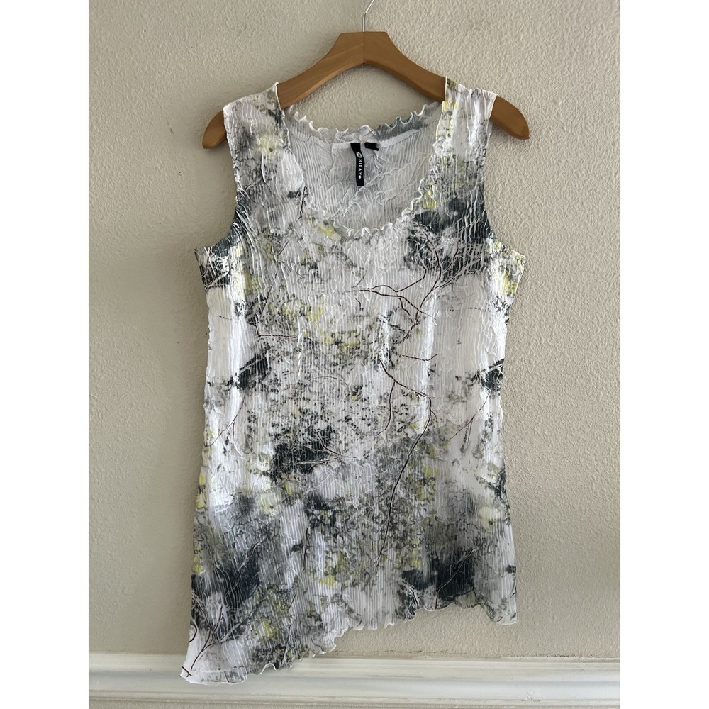 Milano Asymmetrical Textured Plisse Abstract Print Top XL Art Popcorn Sheer